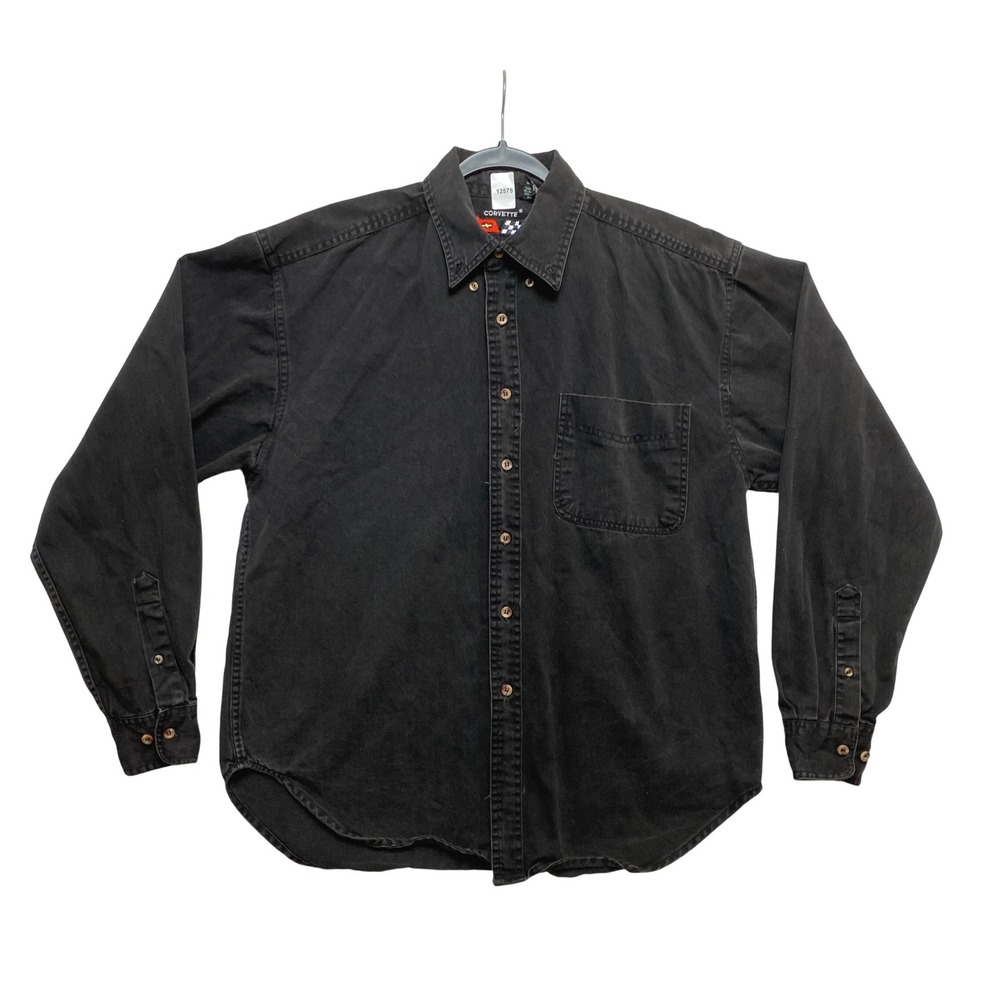 Corvette Button Down Shirt Mens Large Black Racing Embroidered Logo Twill Cotton